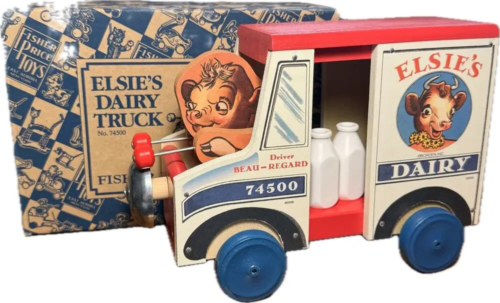 VTG Fisher Price ToyFest 2000 Elsie's Dairy Truck Wooden Pull Toy No 74500 Box